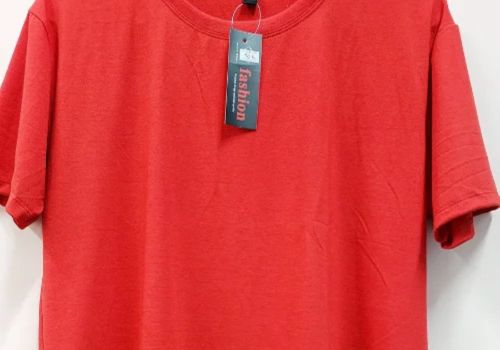 A plain red T-shirt with a round neck, made from comfortable cotton spandex material, displayed on a hanger.